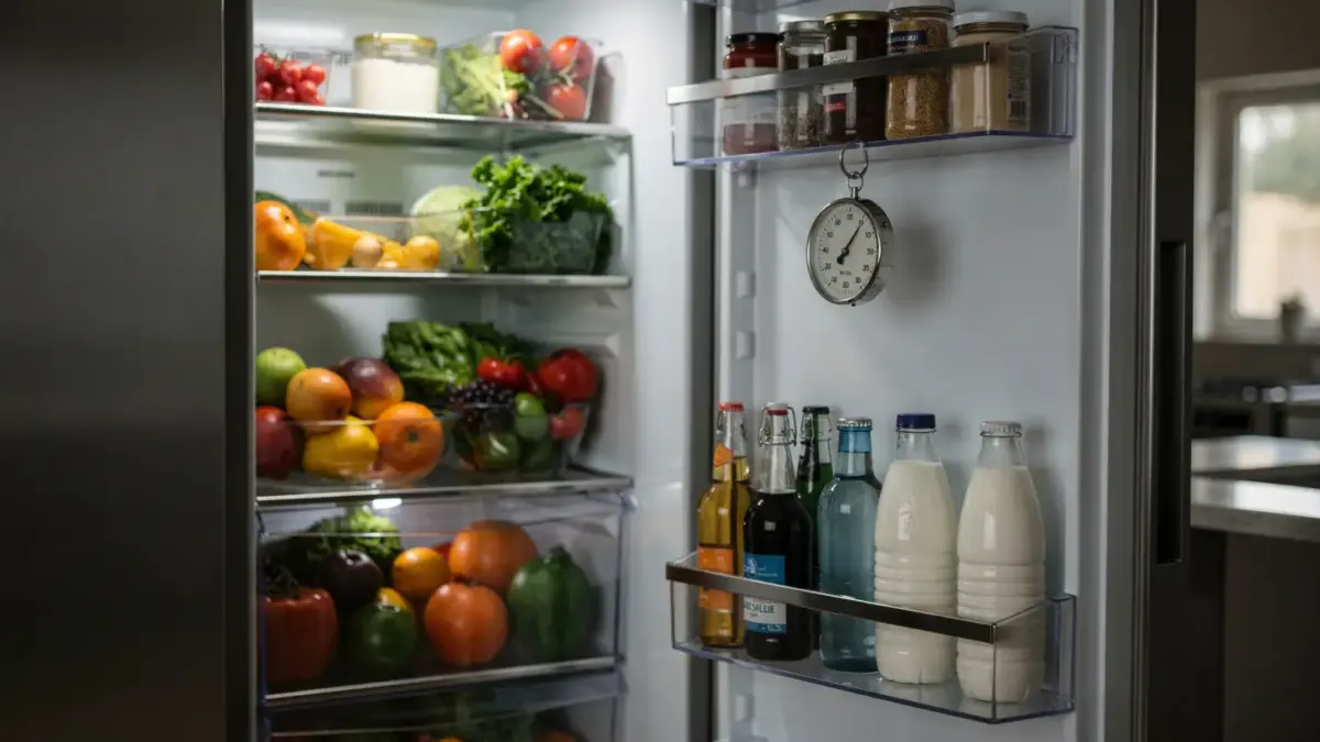 Offener Kühlschrank mit Lebensmitteln und Thermometer zum Thema Kühlschrank ohne Strom