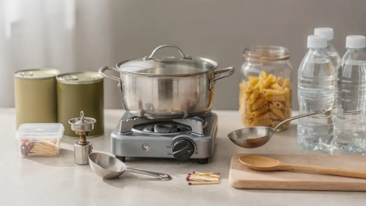Kochen ohne Strom mit Gaskocher, Spirituskocher, Vorräten und Küchenutensilien auf einem Tisch