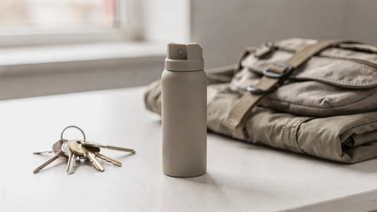 Tierabwehrspray zur Selbstverteidigung auf einem Tisch neben Schlüsselbund und Jacke