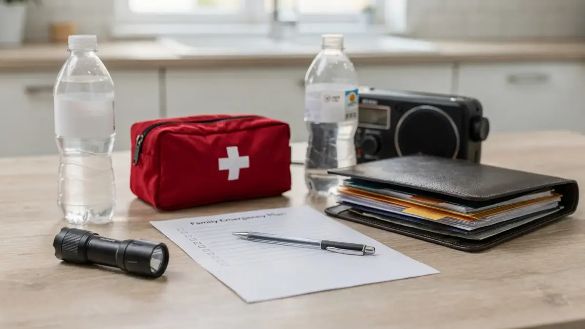 Krisenplan für Familien mit Checkliste, Taschenlampe und Notfallausrüstung auf dem Tisch