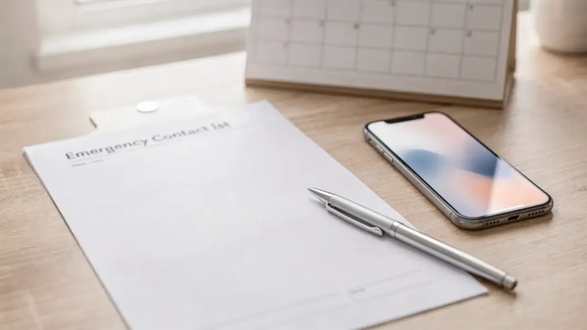 Notfallkontaktliste auf dem Schreibtisch mit Smartphone und Stift im Notfallplan