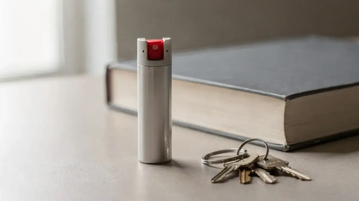 Pfefferspray und Gesetzbuch zum Waffenrecht auf einem Tisch