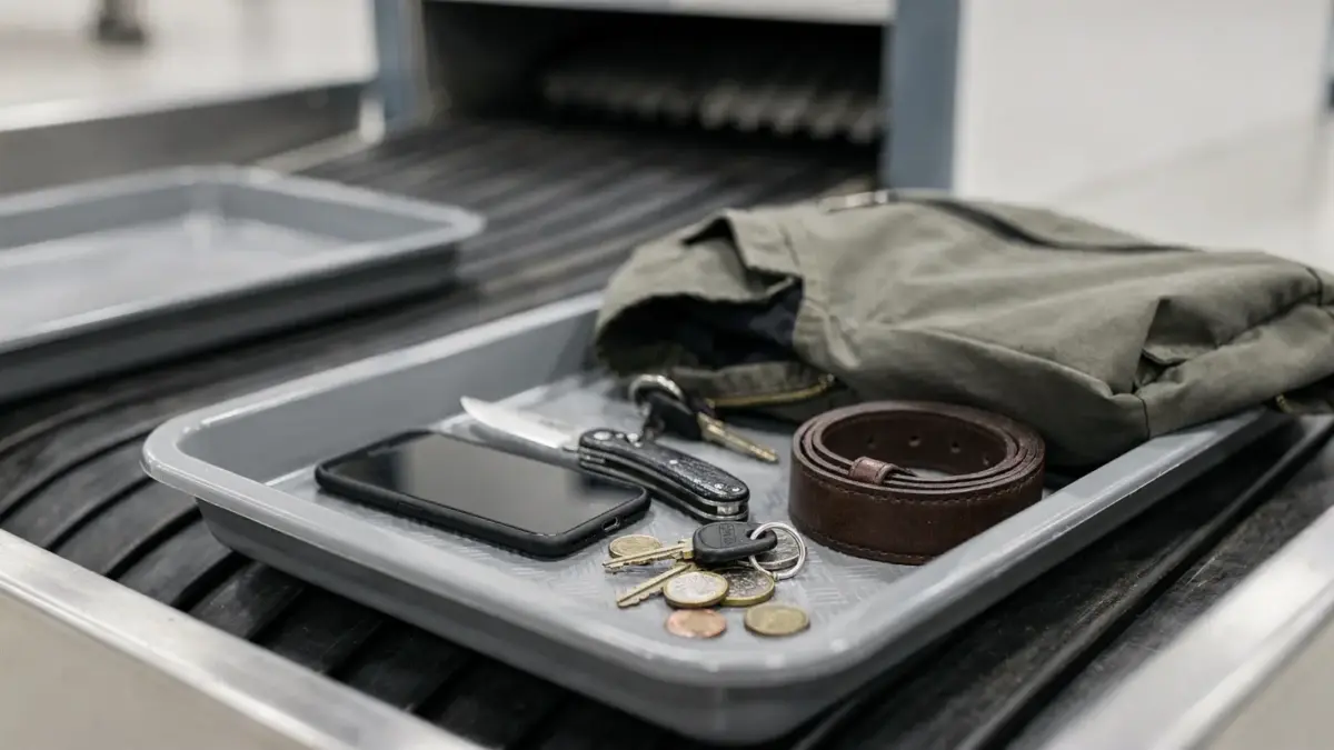 Handgepäck-Kontrolle am Flughafen mit Taschenmesser und Reiseutensilien zum Thema Messer im Handgepäck
