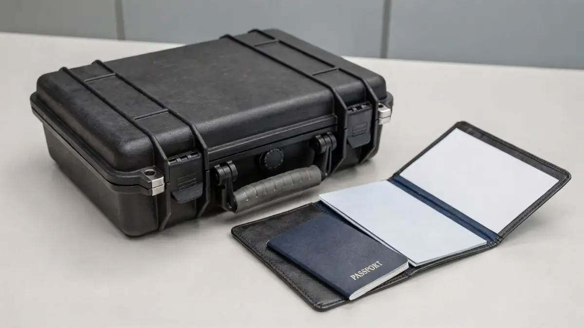 Sicherer Waffen-Transport mit Koffer und Dokumenten für den Auslandstransport