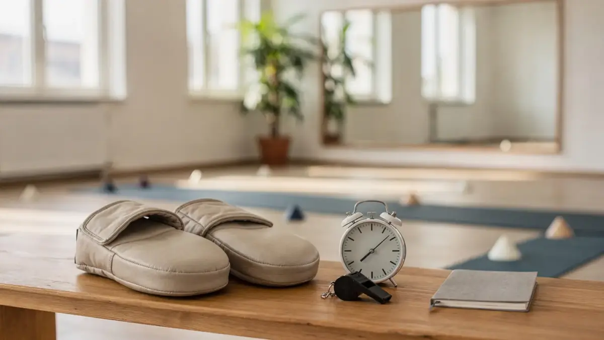 Deeskalation in der Selbstverteidigung: Zwei Erwachsene üben ruhige Körpersprache in einem Trainingsraum.