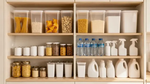 Geordnete Vorräte im Haushalt für mehrere Tage mit Vorratsgläsern, Konserven und Wasserflaschen