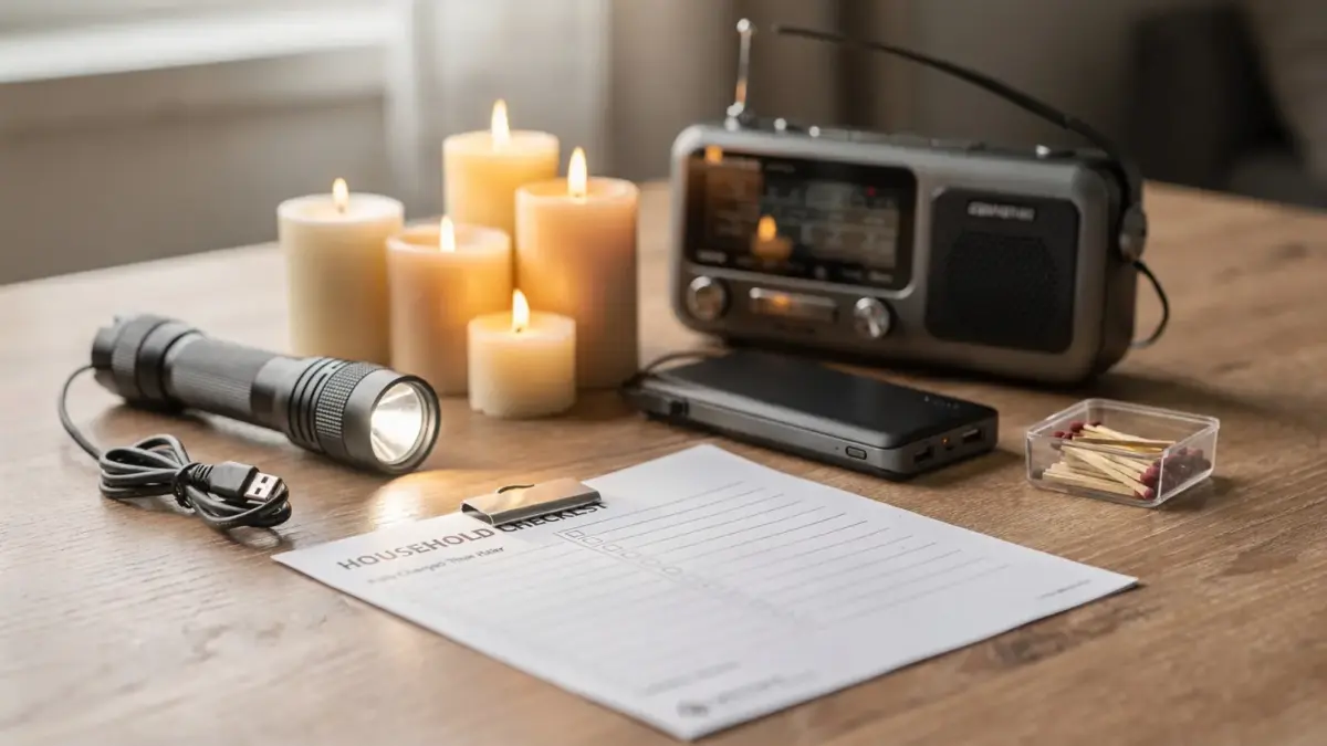 Notfallausrüstung für Stromausfall mit Taschenlampe, Radio und Powerbank auf einem Tisch