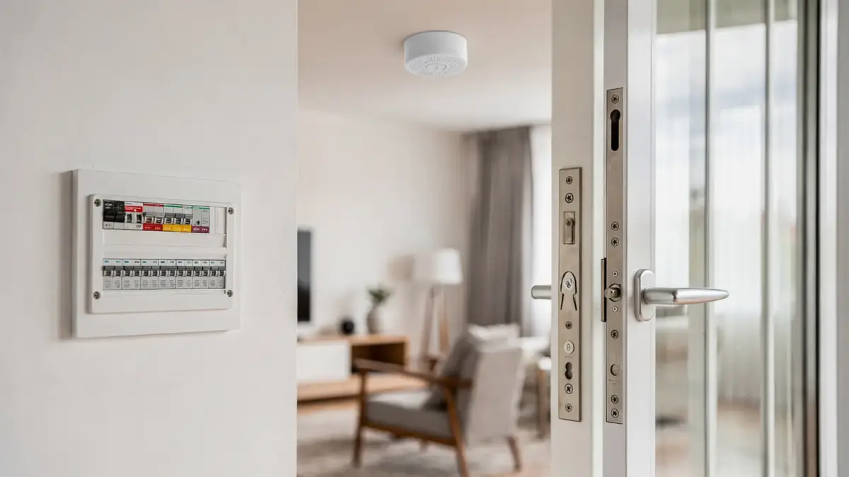 Moderne Wohnung mit Rauchmelder, Sicherungskasten und gesichertem Fenster zum Thema Schwachstellen im Haushalt