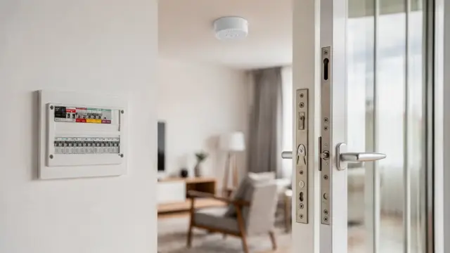 Moderne Wohnung mit Rauchmelder, Sicherungskasten und gesichertem Fenster zum Thema Schwachstellen im Haushalt