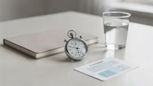 Ruhiger Schreibtisch mit Stoppuhr und Notizbuch zum Thema Adrenalin kontrollieren unter Stress