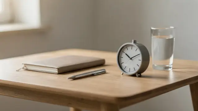 Person übt Selbstkontrolle in ruhiger Umgebung mit Timer, Notizbuch und Wasserglas.