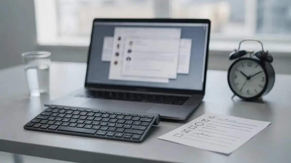 Büroszene mit Laptop, Checkliste und Uhr zum Thema Fehler im Stress