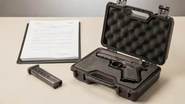 Unloaded handgun im Transportkoffer mit Magazin und Dokumenten zum Thema Waffe beim Transport