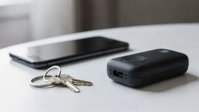 Kompaktes Notfallalarm-Gerät auf Tisch neben Schlüssel und Smartphone zum Thema Bedrohung im Alltag