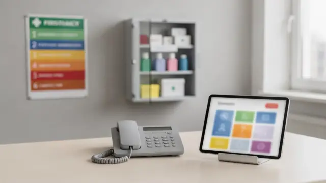 Notfallkontakt-System im Büro mit Kontaktboard, Telefon und digitalem Verzeichnis