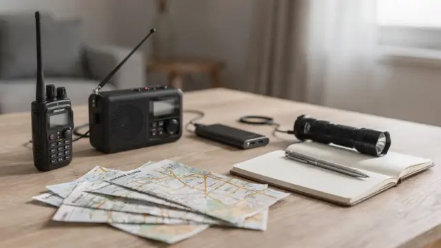 Notfall-Kommunikationsset mit Funkgerät, Taschenlampe und Powerbank bei Handy-, Netz- und Stromausfall