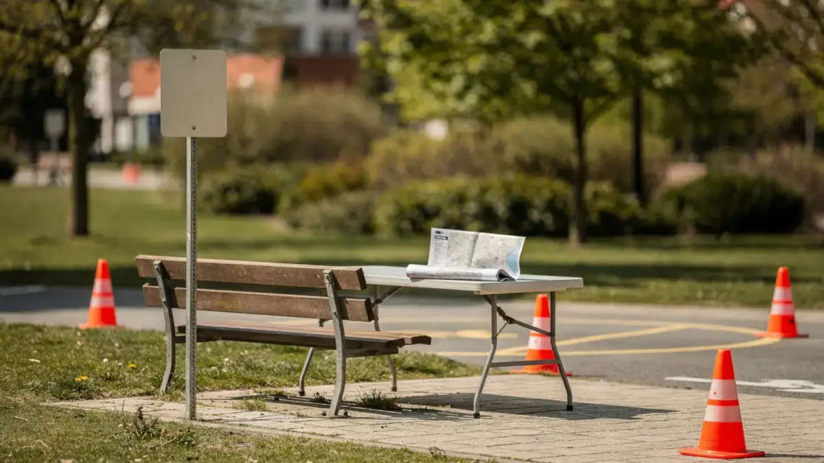 Sicherer Sammelpunkt ohne Internet mit Wegmarke und Papierkarte für den Notfall