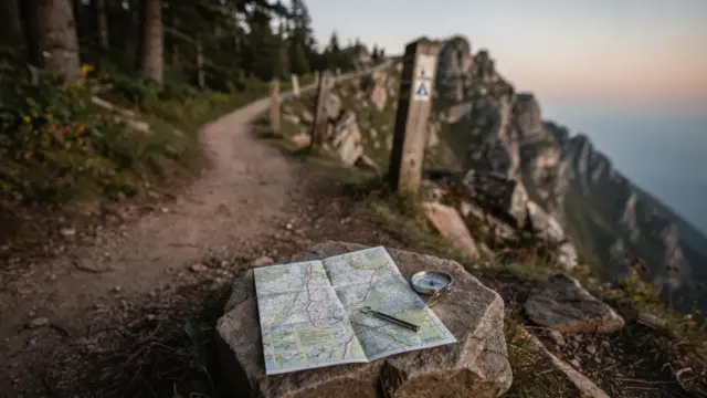 Rückzug bei Gefahr: Wanderer an einer Weggabelung mit Karte und Kompass